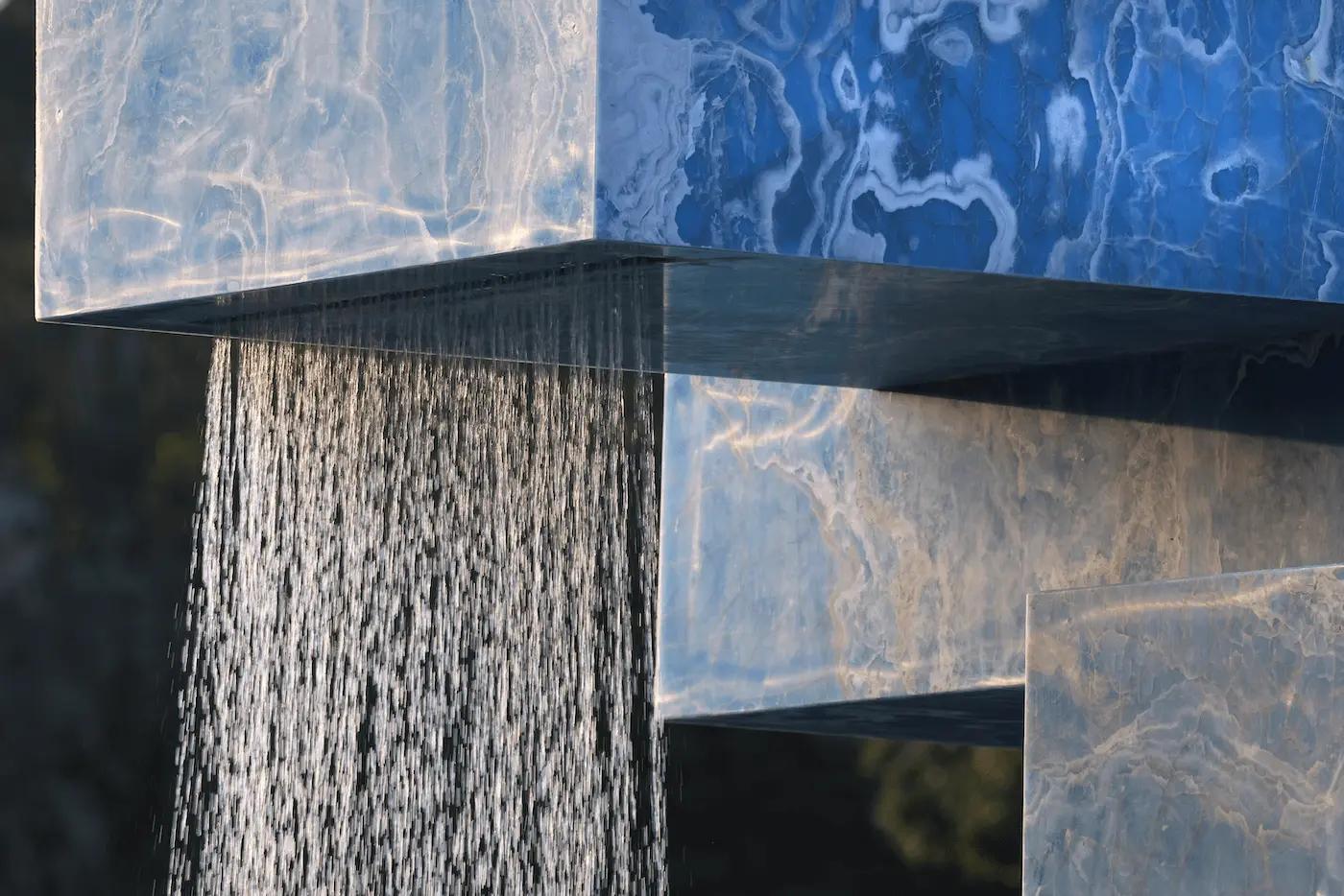 Vondel Fountain, Stacked: A large, striking fountain made of stacked, recycled onyx slabs located in one of the lakes in Amsterdam's Vondelpark. Water cascades from two sides, creating a soothing, relaxing sound