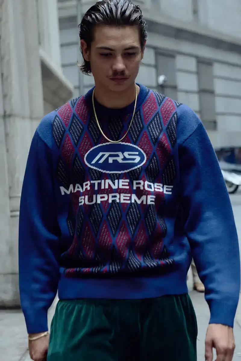 A variety of garments and accessories from the Martine Rose x Supreme capsule collection, including jackets, shirts, sweaters, hoodies, t-shirts, leather pants, jeans, bags, scarves, and hats