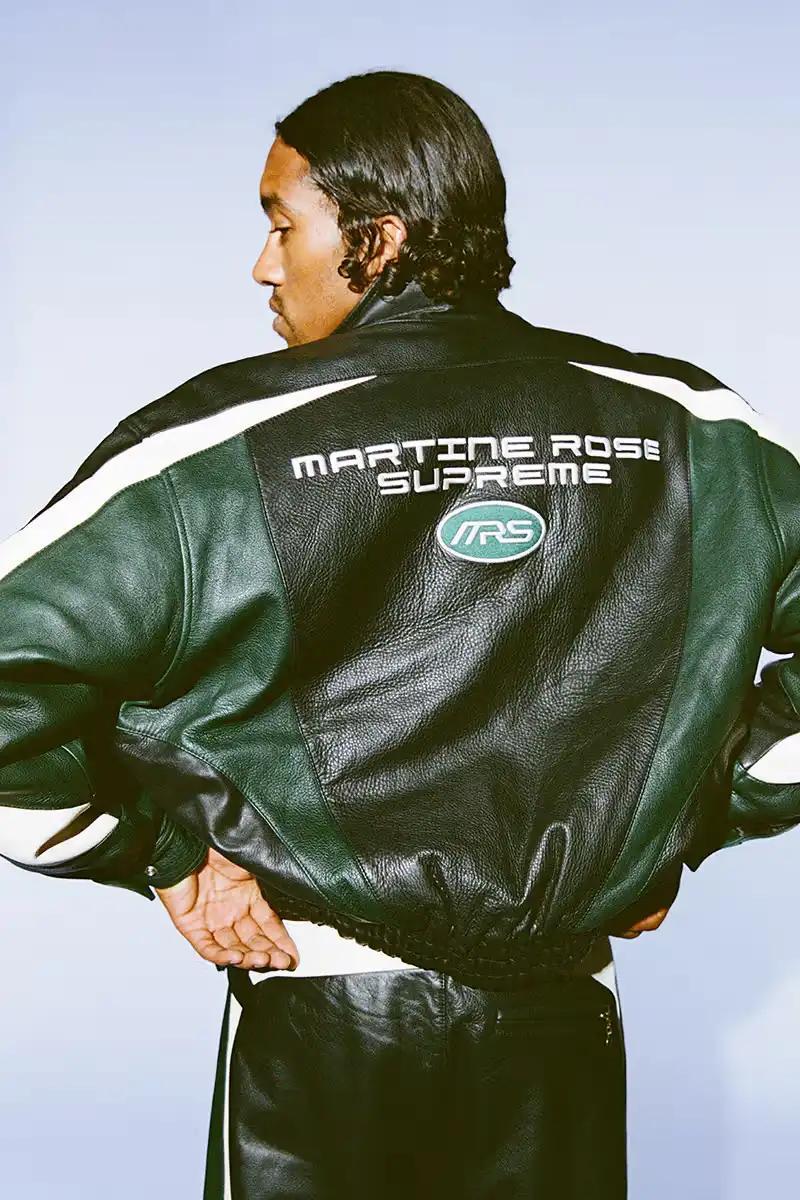 A variety of garments and accessories from the Martine Rose x Supreme capsule collection, including jackets, shirts, sweaters, hoodies, t-shirts, leather pants, jeans, bags, scarves, and hats