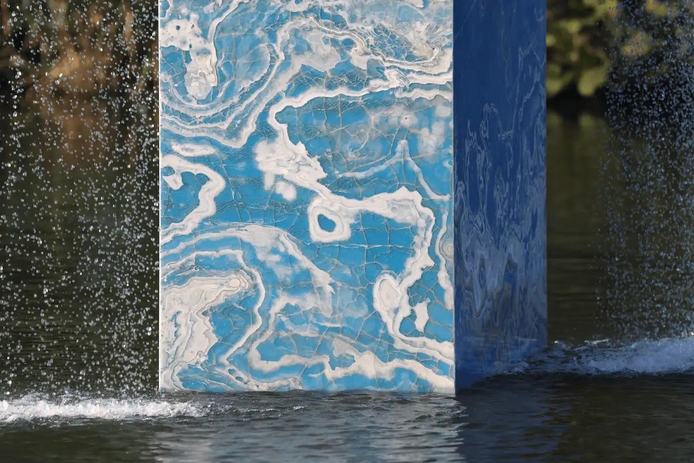 Vondel Fountain, Stacked: A large, striking fountain made of stacked, recycled onyx slabs located in one of the lakes in Amsterdam's Vondelpark. Water cascades from two sides, creating a soothing, relaxing sound