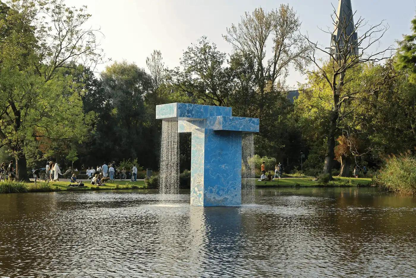 Vondel Fountain, Stacked: A large, striking fountain made of stacked, recycled onyx slabs located in one of the lakes in Amsterdam's Vondelpark. Water cascades from two sides, creating a soothing, relaxing sound