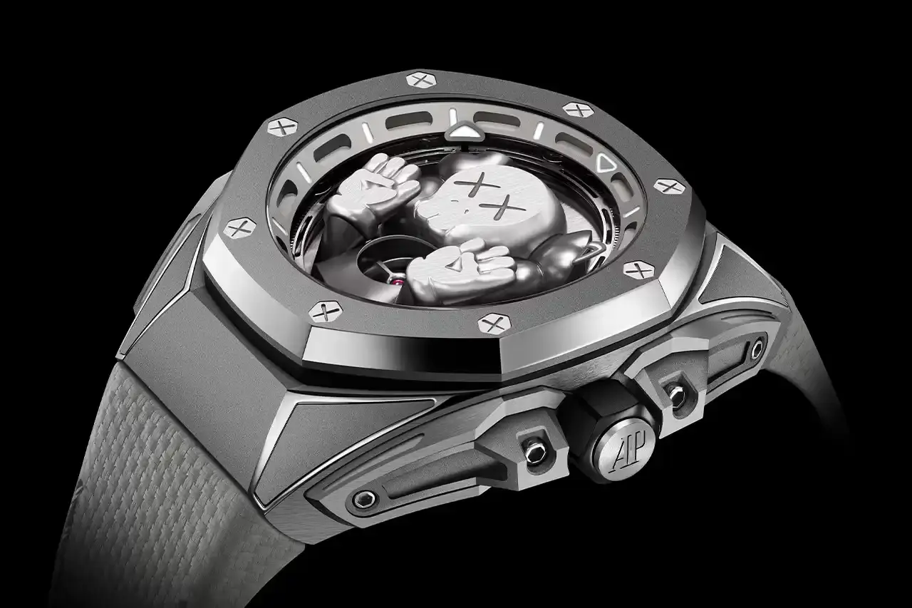 Audemars Piguet Audemars Piguet Royal Oak Concept Tourbillon COMPANION watch with gray KAWS character on sunburst titanium dial, featuring visible tourbillon movement in 43mm titanium case with two gray straps (image 3 of 6)