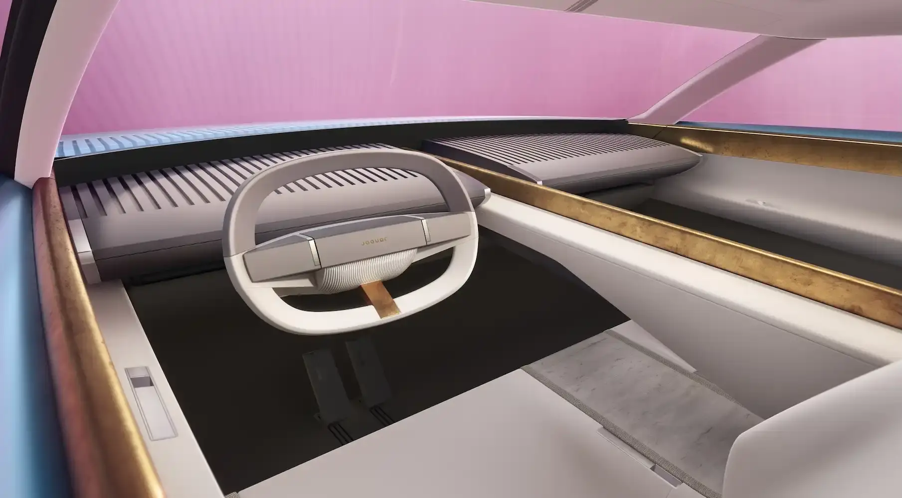 Jaguar Jaguar Type 00 concept car in Miami Pink, featuring an elongated electric vehicle design with butterfly doors, 23-inch alloy wheels, and a sleek, avant-garde silhouette against a minimalist background. (image 5 of 6)