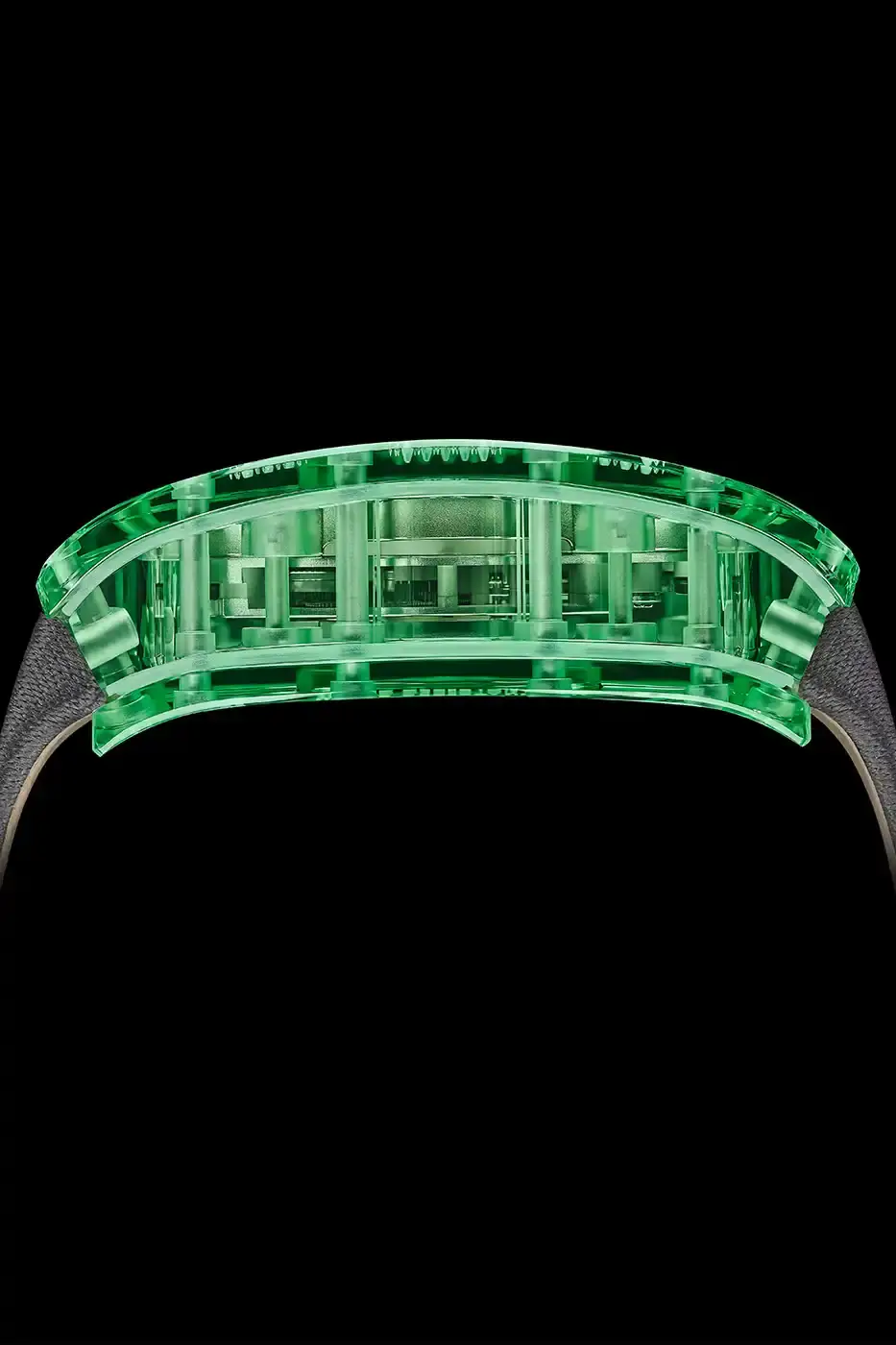 Richard Mille Richard Mille RM 07-02 luxury watch with a transparent colored sapphire crystal case. The watch features a geometric pattern dial set with precious stones including diamonds, sapphires, and ornamental stones. The skeletonized automatic movement is visible through the translucent case, showing intricate mechanical details and gold components. (image 10 of 22)