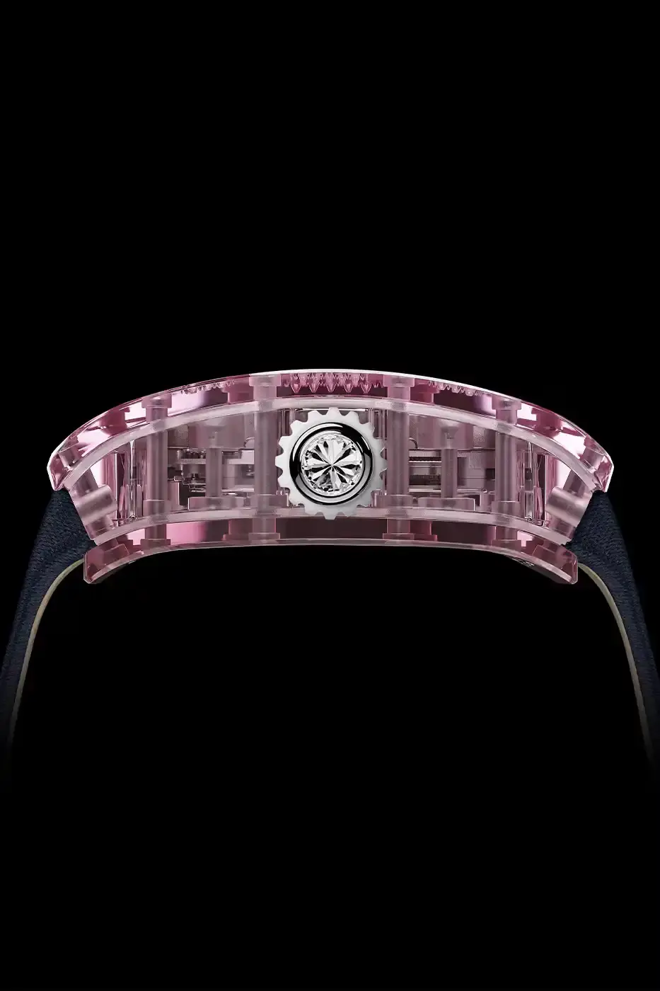 Richard Mille Richard Mille RM 07-02 luxury watch with a transparent colored sapphire crystal case. The watch features a geometric pattern dial set with precious stones including diamonds, sapphires, and ornamental stones. The skeletonized automatic movement is visible through the translucent case, showing intricate mechanical details and gold components. (image 15 of 22)