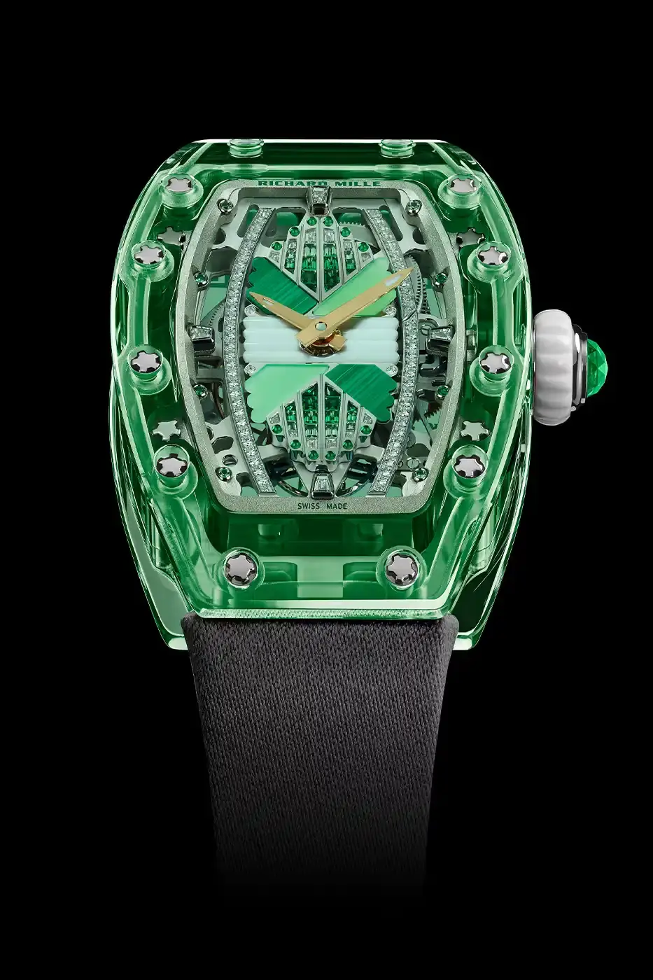 Richard Mille Richard Mille RM 07-02 luxury watch with a transparent colored sapphire crystal case. The watch features a geometric pattern dial set with precious stones including diamonds, sapphires, and ornamental stones. The skeletonized automatic movement is visible through the translucent case, showing intricate mechanical details and gold components. (image 2 of 22)