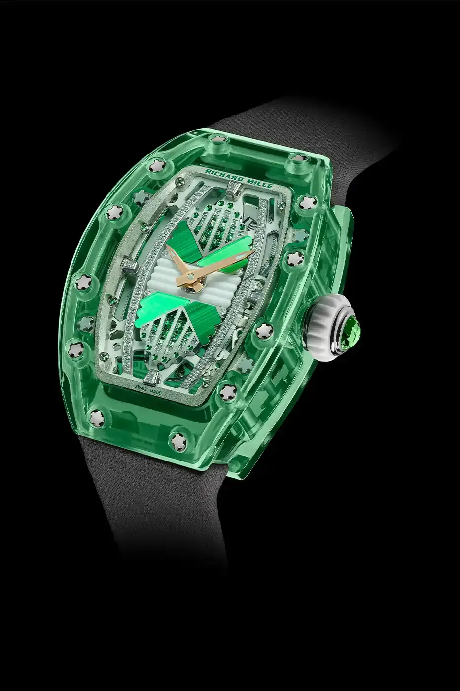 Richard Mille Richard Mille RM 07-02 luxury watch with a transparent colored sapphire crystal case. The watch features a geometric pattern dial set with precious stones including diamonds, sapphires, and ornamental stones. The skeletonized automatic movement is visible through the translucent case, showing intricate mechanical details and gold components. (image 5 of 22)