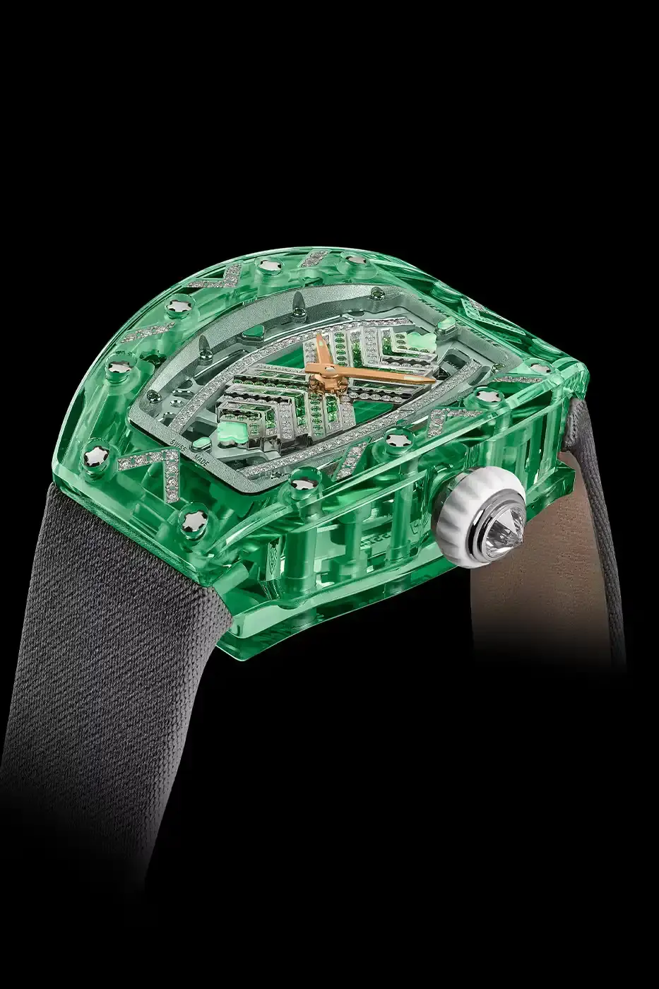 Richard Mille Richard Mille RM 07-02 luxury watch with a transparent colored sapphire crystal case. The watch features a geometric pattern dial set with precious stones including diamonds, sapphires, and ornamental stones. The skeletonized automatic movement is visible through the translucent case, showing intricate mechanical details and gold components. (image 8 of 22)
