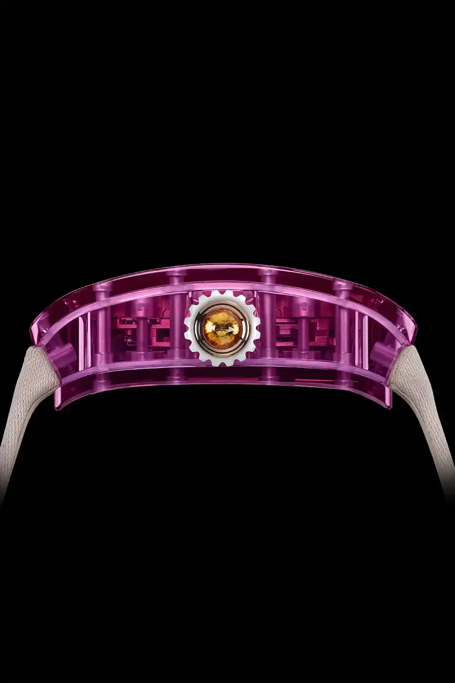 Richard Mille Richard Mille RM 07-02 luxury watch with a transparent colored sapphire crystal case. The watch features a geometric pattern dial set with precious stones including diamonds, sapphires, and ornamental stones. The skeletonized automatic movement is visible through the translucent case, showing intricate mechanical details and gold components. (image 20 of 22)
