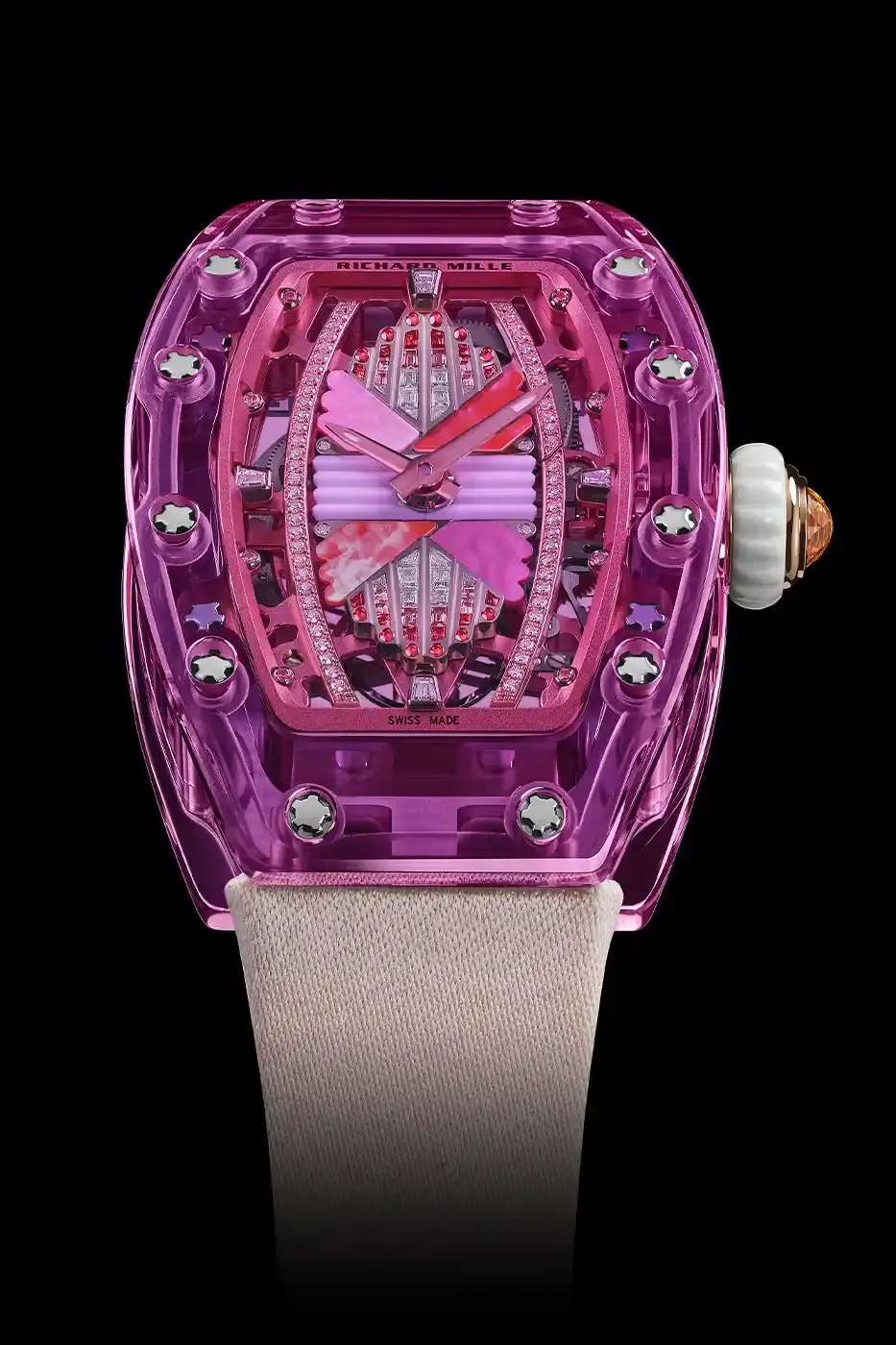 Richard Mille Richard Mille RM 07-02 luxury watch with a transparent colored sapphire crystal case. The watch features a geometric pattern dial set with precious stones including diamonds, sapphires, and ornamental stones. The skeletonized automatic movement is visible through the translucent case, showing intricate mechanical details and gold components. (image 22 of 22)