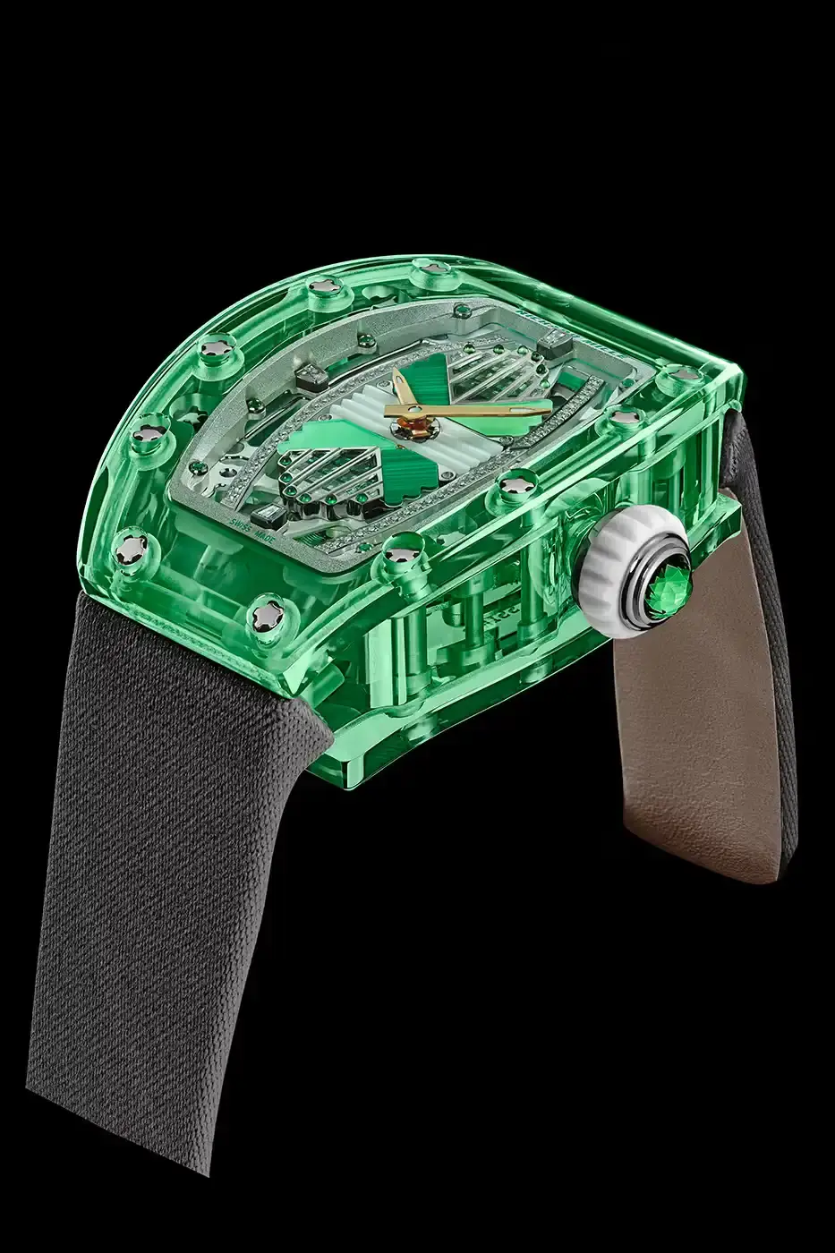 Richard Mille Richard Mille RM 07-02 luxury watch with a transparent colored sapphire crystal case. The watch features a geometric pattern dial set with precious stones including diamonds, sapphires, and ornamental stones. The skeletonized automatic movement is visible through the translucent case, showing intricate mechanical details and gold components. (image 3 of 22)